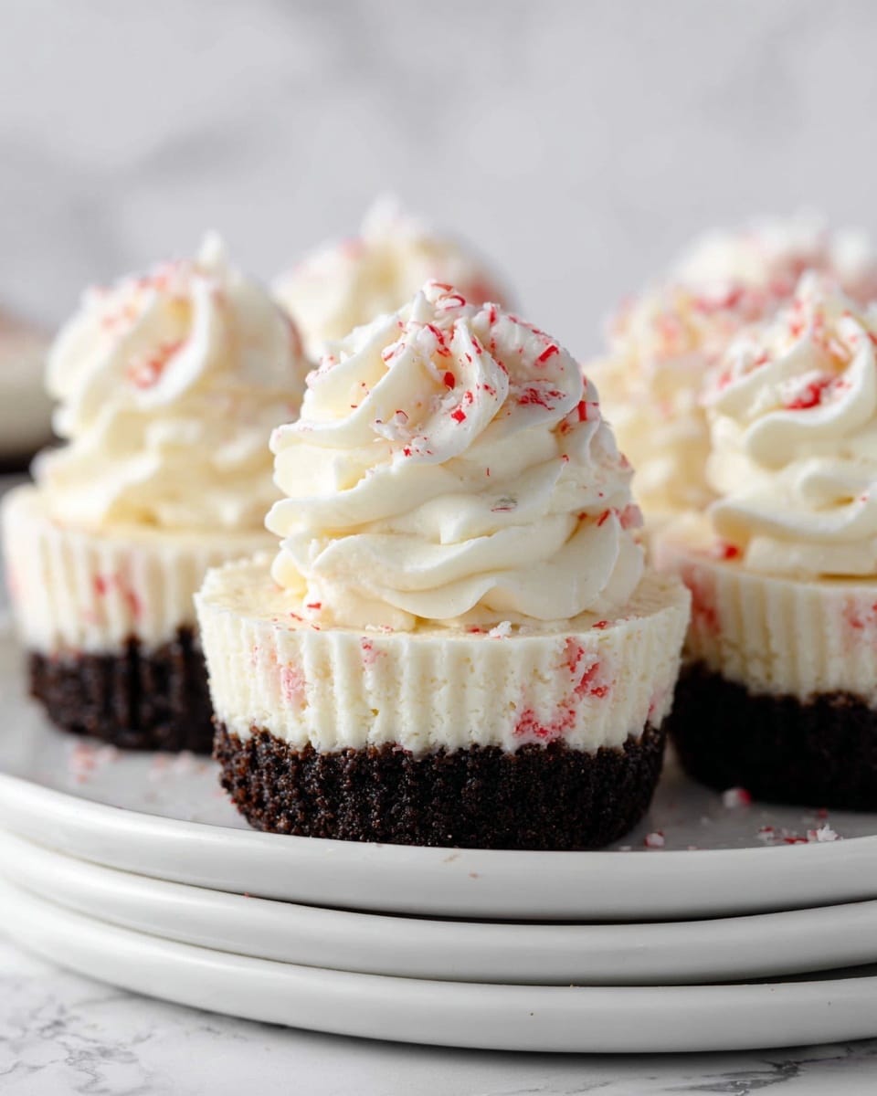 The image shows mini cheesecakes with three visible layers. The bottom layer is a dark brown crumbly crust that looks dense. The middle layer is a thick, creamy white cheesecake with tiny red specks mixed in, giving a textured look. The top layer has a swirl of light, fluffy white whipped cream, dotted with small red bits that look like crushed candy. The cheesecakes are placed on a stack of white plates with a smooth, shiny finish, all set on a white marbled surface. Photo taken with an iphone --ar 4:5 --v 7