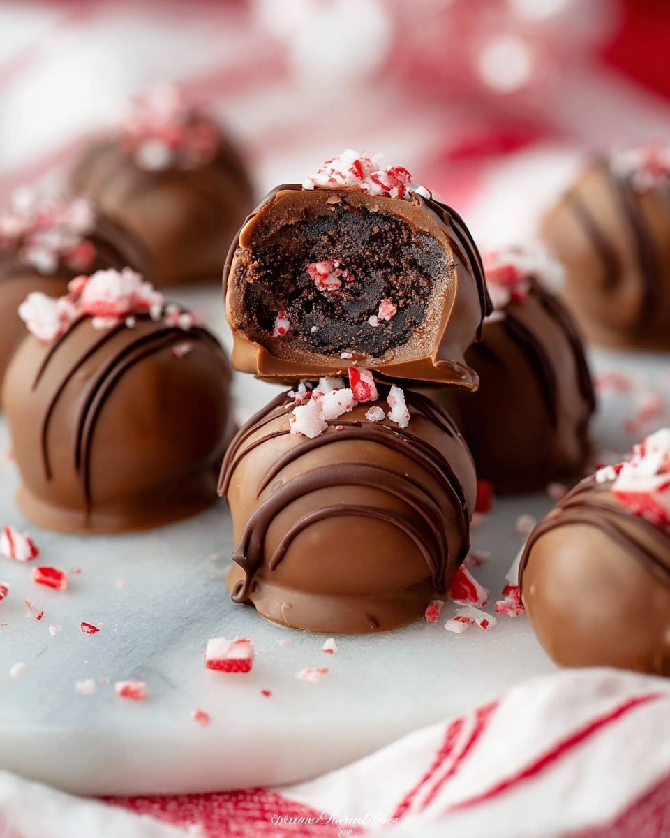 The image shows several round chocolate truffles on a white marbled surface with red-striped cloth underneath. Each truffle has a smooth, shiny milk chocolate outer layer, some with thin chocolate drizzle on top. One truffle is broken in half, revealing a dark chocolate filling mixed with small red and white bits inside. Crushed red and white candy pieces are sprinkled on top of some truffles and scattered around them. The focus is mainly on the broken truffle at the center with others blurred softly in the background. photo taken with an iphone --ar 4:5 --v 7