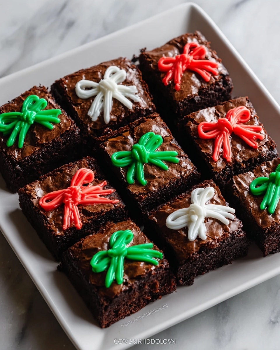 A white square plate holds nine chocolate brownies, each cut into a neat square. The brownies have a rich, dark brown color with a shiny, cracked top layer that looks slightly crunchy. Each brownie is decorated with colorful icing shaped like a tied bow, resembling a gift wrap ribbon. The icing colors alternate between bright green, red, and white. The bows sit centered on top of each brownie, adding a festive touch. The plate is placed on a white marbled surface, giving a clean and elegant background. photo taken with an iphone --ar 4:5 --v 7