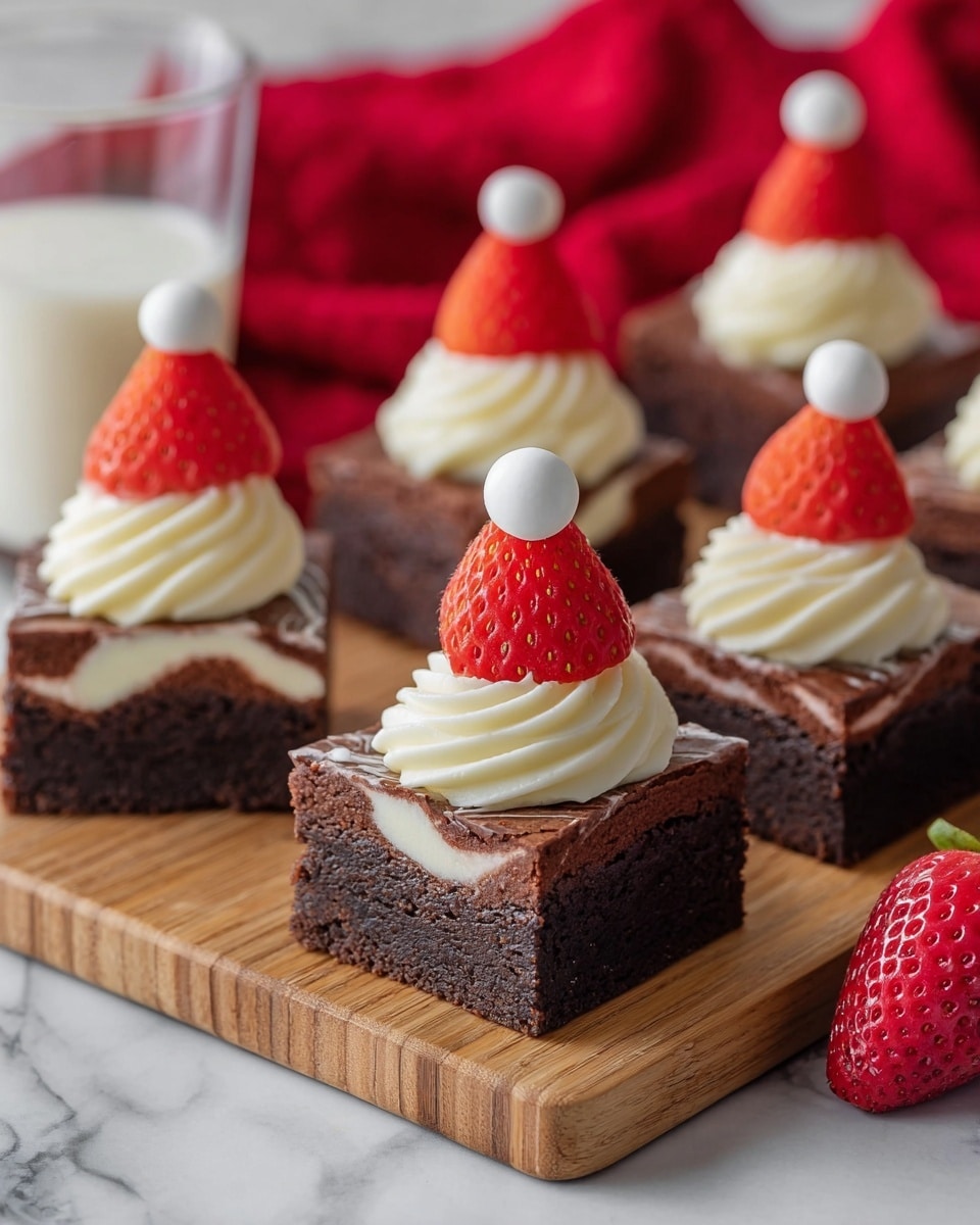 The image shows square brownies arranged on a wooden board with four visible layers in each brownie: a dense, dark brown chocolate base, a slightly cracked top layer of chocolate, a swirl of smooth white cream on top, and a bright red strawberry shaped like a small hat with a small white round candy on its tip. In the background, there is a glass of milk and a red cloth, all placed on a white marbled surface. photo taken with an iphone --ar 4:5 --v 7
