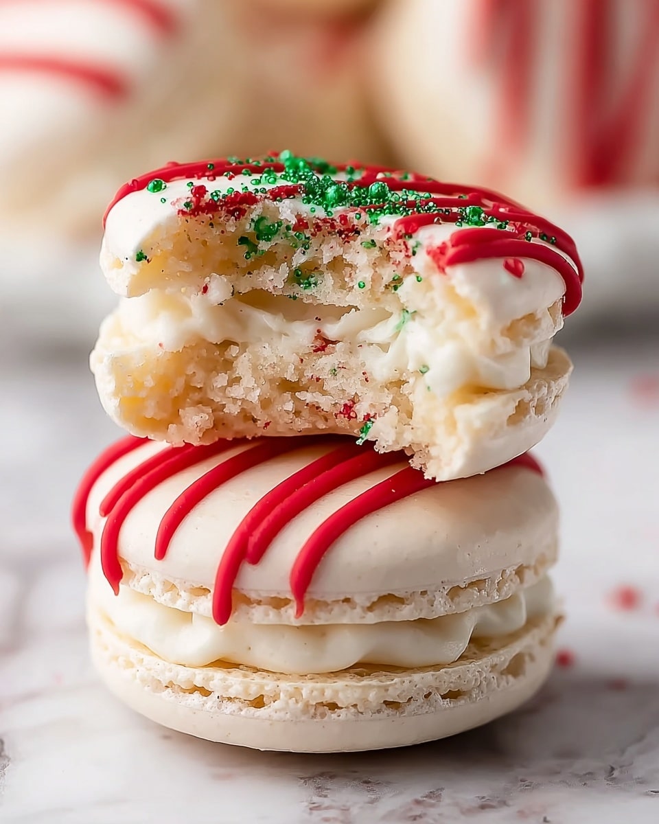 The image shows two white macarons stacked on a white marbled surface. Each macaron has two smooth, pale beige cookie layers with a creamy white filling in the middle. The top macaron is partially bitten, revealing its soft, crumbly interior. Both macarons are decorated with thick, curved red icing stripes on top and sprinkled with tiny green sugar crystals, adding color contrast and texture. Photo taken with an iphone --ar 4:5 --v 7