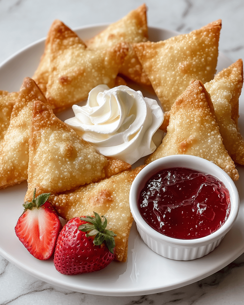 A white plate holds about ten golden-brown, crispy, triangular fried pastries, with a lightly bubbled texture on their surface. In the center of the plate, there is a swirl of white whipped cream with soft peaks. To the right of the pastries, a small white bowl contains bright red strawberry jam with a glossy, slightly chunky texture. Near the bowl and whipped cream, two fresh strawberries are placed; one is whole with a green leafy top, and the other is sliced in half showing its red inside and small seeds. The plate sits on a white marbled surface. photo taken with an iphone --ar 4:5 --v 7