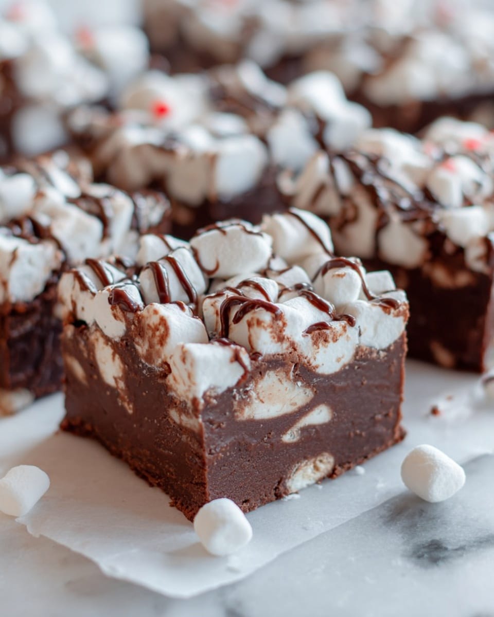 The image shows several square pieces of a rich, dense chocolate dessert with a thick dark brown base that has a smooth texture and visible chunks of white marshmallows inside. The top layer is covered with puffy white marshmallows, some of which are slightly browned, and thin lines of chocolate drizzle run over them, adding a glossy contrast. The dessert pieces are placed on white parchment paper on a white marbled surface, with some small marshmallow pieces scattered around. photo taken with an iphone --ar 4:5 --v 7
