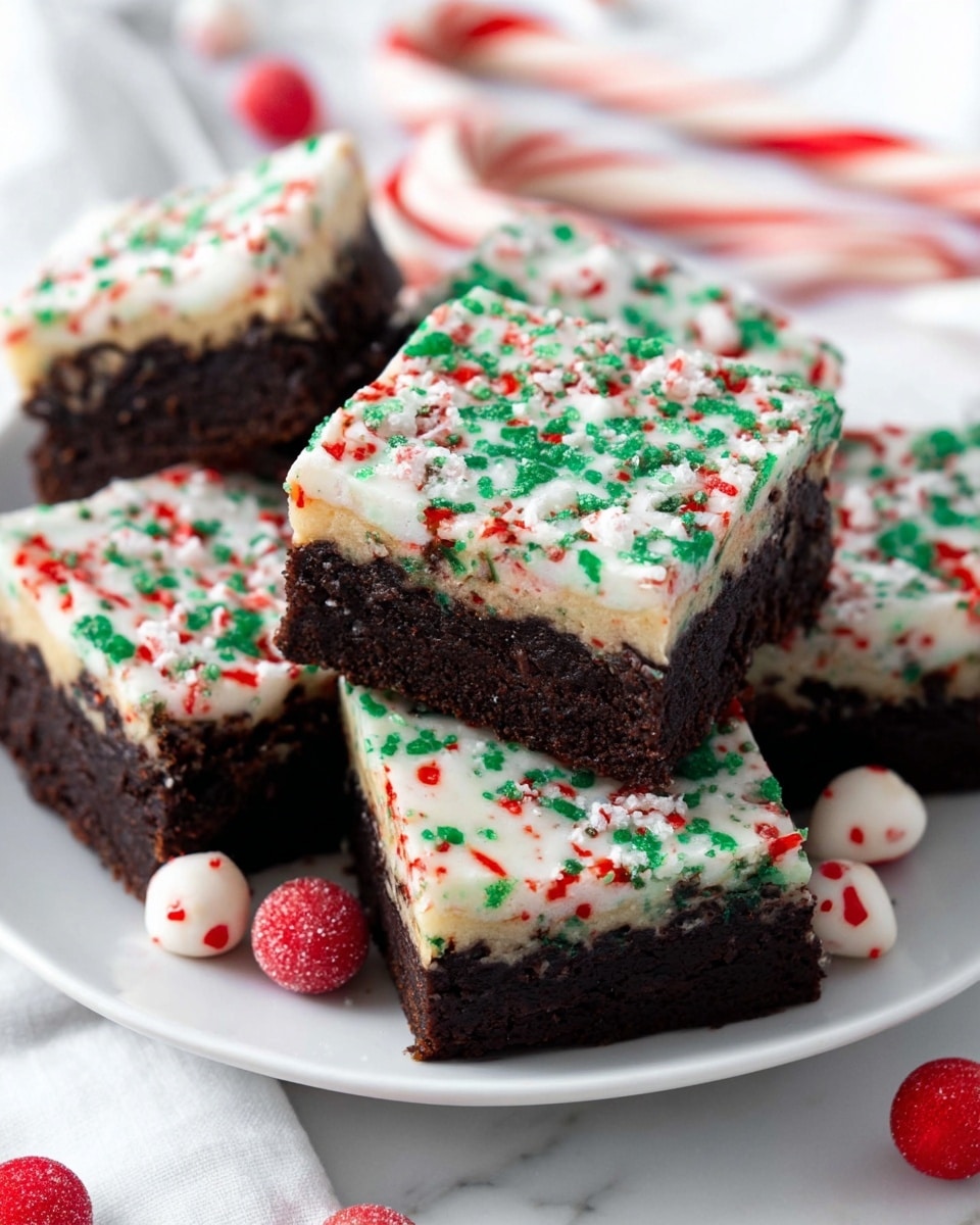 The image shows several square brownies on a white marbled surface, each brownie having two visible layers: a thick, dense dark brown base and a creamy white top layer sprinkled with small red, green, and white festive sprinkles. One brownie is in clear focus at the center, with others slightly blurred around it. A white and red candy cane is placed near the brownies on the surface, adding to the holiday theme. Photo taken with an iphone --ar 4:5 --v 7