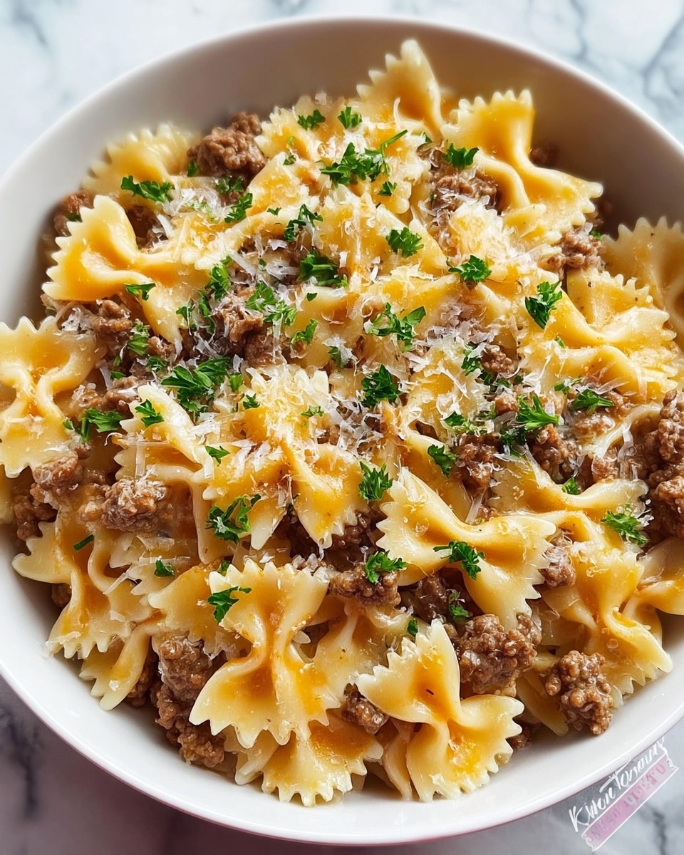 A white bowl filled with a dish of farfalle pasta with three main layers: the bottom layer consists of tender pasta pieces in a pale yellow shade with a smooth texture, the middle layer is made of browned ground meat chunks scattered evenly around the pasta, and the top layer features melted golden cheese drizzled over the pasta and meat, sprinkled with small green parsley leaves and some finely grated white cheese creating a light dusting effect. The bowl sits on a white marbled surface. photo taken with an iphone --ar 4:5 --v 7
