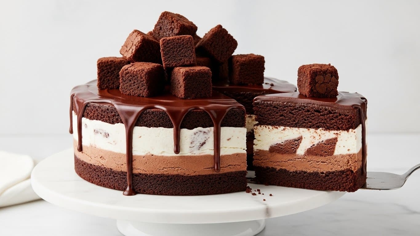 A round chocolate ice cream cake with three visible layers sits on a white cake stand over a white marbled surface. The bottom layer is a rich dark brown chocolate cake, the middle layer is creamy white ice cream with chocolate swirls, and the top has a thick shiny chocolate ganache that drips slightly down the sides. On top of the ganache, there are several chunky dark brown chocolate brownie pieces arranged in a casual pile. A slice has been cut out, revealing the neat layers inside. Photo taken with an iphone --ar 4:5 --v 7