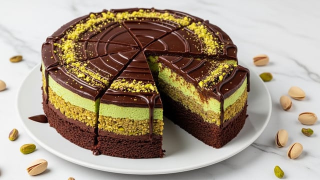 The image shows a round cake cut into slices on a white plate placed on a white marbled surface. The cake has three visible layers: the bottom layer is dark brown and looks moist and dense like chocolate cake; the middle layer is green with bits of pistachio, showing a coarse texture; the top layer is a smooth, glossy dark chocolate ganache. The cake is decorated with drizzles of dark chocolate and sprinkled with crushed pistachio nuts on top. There are whole and crushed pistachios scattered around the plate. Photo taken with an iphone --ar 4:5 --v 7