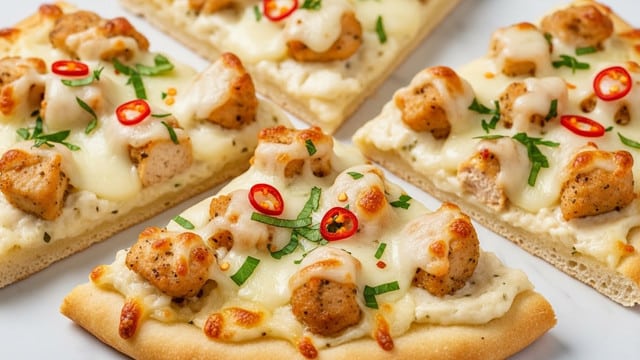 The image shows four triangular slices of flatbread pizza arranged close together on a white marbled surface. Each slice has a thick golden-brown crust at the bottom, topped with a creamy white sauce layer that looks rich and smooth. On top of this sauce layer, there are small, tender pieces of cooked chicken that are light brown and slightly crispy. Melted mozzarella cheese covers the chicken and sauce, with some parts browned and bubbly. Fresh green herbs and small red chili flakes are sprinkled over the cheese, adding color and texture contrast. Photo taken with an iphone --ar 4:5 --v 7