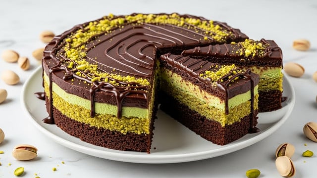 A close-up of a slice of layered chocolate cake on a white textured plate with another white plate underneath, placed on a white marbled surface. The cake has three visible layers: the bottom and top layers are dark, moist chocolate cake, and the middle layer is bright green pistachio filling with a slightly chunky texture. The top of the slice is covered in smooth, shiny dark chocolate ganache with a swirl of rich chocolate frosting decorated with small pieces of crushed pistachio. Some whole and chopped pistachios are scattered around the plate for garnish. In the blurred background, a full chocolate cake with pistachio filling and similar decorations is partially visible. Photo taken with an iphone --ar 4:5 --v 7