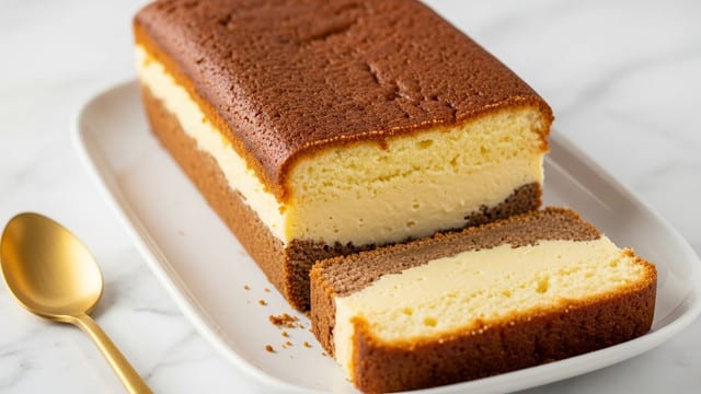 The image shows a loaf-shaped cake with two visible layers. The top layer is a brown, slightly shiny and smooth crust. Underneath, the main thick layer is creamy yellow, soft, and smooth in texture, filling almost the entire loaf. One slice is cut and placed in front, revealing the same creamy yellow inside with slightly uneven edges. The cake rests on a white plate over a white marbled surface. A gold spoon is seen to the left side of the frame. Photo taken with an iphone --ar 4:5 --v 7