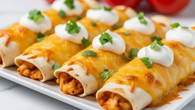 A close-up view of several rolled enchiladas placed side by side on a white rectangular plate, each enchilada covered with a golden-brown melted cheese layer that has slightly crispy spots. The tortillas are light beige with soft texture, partially visible through the cheese. On top of each enchilada, there are dollops of white sour cream and bright green chopped cilantro scattered evenly, adding fresh color contrast. The plate rests on a white marbled surface, and the background features blurred red tomatoes adding a subtle hint of color. photo taken with an iphone --ar 4:5 --v 7