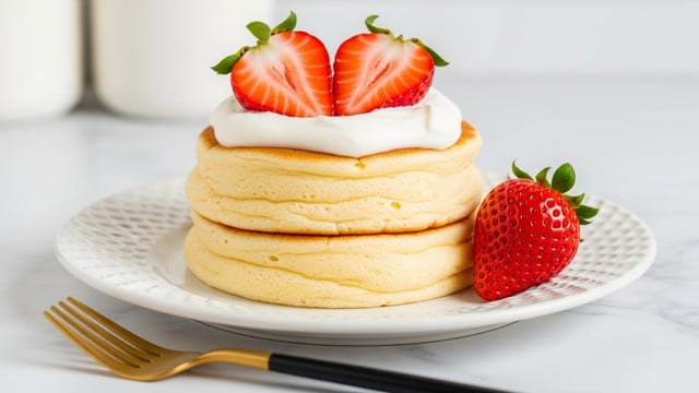 The image shows a stack of two thick, fluffy light yellow pancakes with a soft, airy texture. On top of the stack, there is a dollop of white whipped cream with a smooth texture and two sliced bright red strawberries with green leaves. Another whole strawberry is placed beside the stack on a white textured plate. A gold fork with a black handle lies diagonally in front of the plate, all set on a white marbled surface with blurred white kitchen containers in the background. Photo taken with an iphone --ar 4:5 --v 7