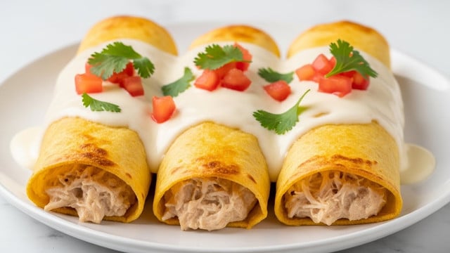 Three rolled enchiladas are placed side by side on a white plate. Each enchilada has a golden yellow, slightly crispy tortilla on the outside, with a visible filling of creamy, shredded chicken peeking from the ends. On top, there is a smooth layer of white cheese sauce that covers most of the enchiladas, dripping slightly down the sides. Small, bright red diced tomatoes and chopped green cilantro leaves are sprinkled on top, adding fresh color and texture. The entire scene is set against a white marbled background. photo taken with an iphone --ar 4:5 --v 7