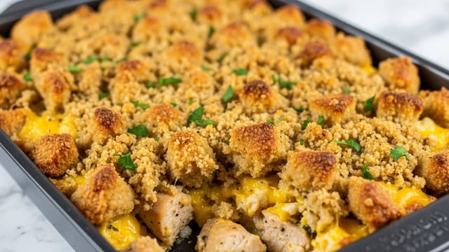 A close-up photo of a baked casserole in a dark baking dish, filled with a golden-brown top layer made of crisp bread crumbs and small roasted chicken pieces. The top layer is sprinkled with green parsley and has a toasted texture with some browned, crunchy bits. Beneath the top, you can see soft yellow cheese and sauce mixing with tender chunks of chicken. The dish rests on a white marbled surface with a blurred background to focus on the rich texture and warm colors of the casserole, photo taken with an iphone --ar 4:5 --v 7
