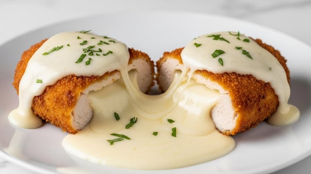 The image shows two pieces of breaded chicken stuffed with melted cheese, cut open to reveal the gooey, creamy cheese inside. Each piece is golden brown and crispy on the outside, with a smooth white cheese sauce covering parts of the chicken and pooling on the white plate beneath. Small green herb pieces are sprinkled on top of the cheese sauce, adding a touch of freshness. The chicken looks juicy and tender inside with a crunchy crust. The plate is set on a white marbled surface. photo taken with an iphone --ar 4:5 --v 7