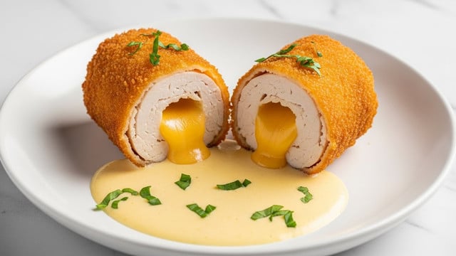 The image shows two pieces of breaded chicken rolls on a white plate, each cut to reveal three layers: a crispy golden-brown outer crust, a thick white cooked chicken breast layer inside, and a gooey melted yellow cheese filling in the center. The chicken rolls are covered with a light creamy yellow sauce pooling at the base, sprinkled lightly with small pieces of fresh green herbs. The scene is set on a white marbled texture. photo taken with an iphone --ar 4:5 --v 7