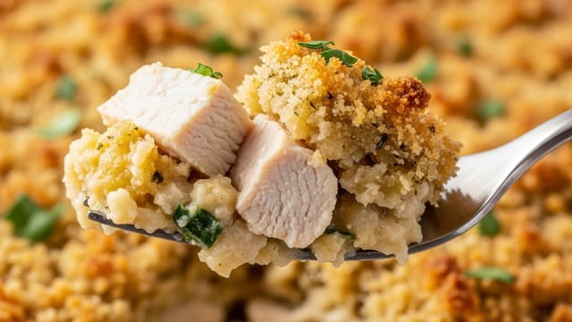 A close-up of a silver fork holding a bite of a baked dish with three main layers: the top layer is golden brown and crispy with a textured breadcrumb crust garnished with small green herbs; the middle layer consists of tender cooked chicken pieces that are white with a juicy texture; the bottom layer is creamy and light-colored with bits of green herbs mixed in, all set against a blurred background of the same baked dish with a crunchy browned surface. photo taken with an iphone --ar 4:5 --v 7