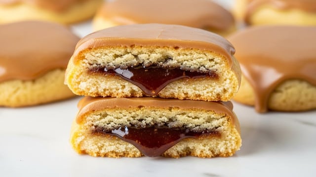 The image shows a stack of two square cookies with rounded edges on a white marbled surface. Each cookie has three visible layers: the bottom layer is a golden-brown baked cookie with a slightly rough texture, the middle layer is a thick, rich, dark chocolate filling that looks glossy and smooth, and the top layer is another golden-brown cookie. The top cookie has a shiny caramel or light brown glaze that enhances its smooth surface. The top cookie is slightly lighter in color than the bottom one, and the glossy glaze catches the light, creating reflections. The background is softly blurred, focusing attention on the cookies in the foreground. photo taken with an iphone --ar 4:5 --v 7
