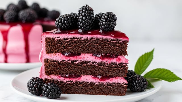 A close-up of a three-layer dark chocolate cake with thick, smooth pink frosting between each layer and covering the outside. The top layer of the cake is covered with a shiny dark berry glaze and topped with fresh blackberries, some of which spill slightly over the edge. A few blackberries and a green leaf rest on the white plate next to the slice. The background has a soft focus, and the surface is a white marbled texture. photo taken with an iphone --ar 4:5 --v 7
