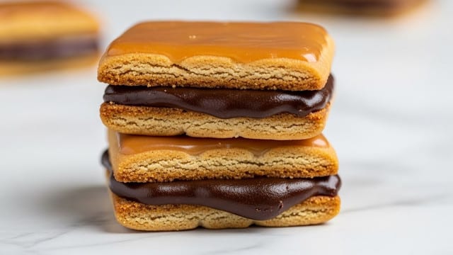 A close-up view of a stack of three square-shaped cookies with rounded edges on a white marbled surface, each cookie topped with a smooth, light brown glaze that has a slight shine. The top cookie is cut in half, showing a thick, dark brown, glossy filling inside with a soft, crumbly, light golden outer cookie layer. The outer cookie texture looks slightly rough and cakey, with the filling appearing moist and sticky. Photo taken with an iphone --ar 4:5 --v 7
