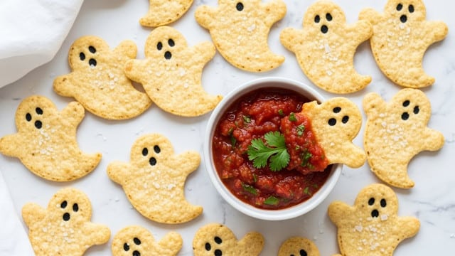 The image shows a white bowl filled with chunky red salsa, topped with small green herb pieces. Around the bowl are several light golden chips shaped like ghosts, with a slightly toasted texture and scattered coarse salt on their surfaces. One ghost-shaped chip is resting inside the bowl, partially dipped into the salsa. The items are placed on a white marbled surface, and a white cloth is seen in the top left corner. The overall colors include bright reds from the salsa, pale yellow from the chips, and fresh green herb bits, all captured in soft, natural light. photo taken with an iphone --ar 4:5 --v 7