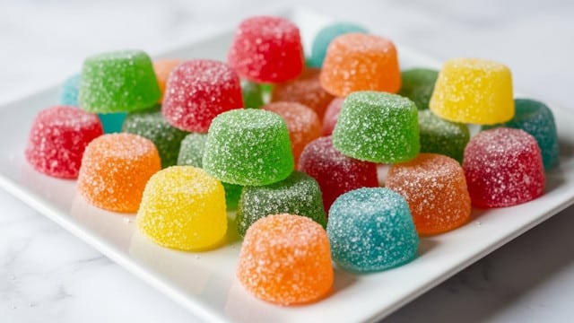The image shows a close-up of a white square plate filled with colorful gumdrops. The gumdrops are arranged in a scattered way, with visible layers showing red, green, yellow, and orange pieces covered in tiny sugar crystals. The gumdrops have a smooth, translucent texture, and some appear slightly shiny due to light reflection. The white marbled surface underneath adds a soft background that highlights the bright colors of the gumdrops. The focus is sharp on the front gumdrops, making their sugar coating detailed and clear, while the background gumdrops are slightly blurred for depth. photo taken with an iphone --ar 4:5 --v 7