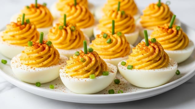 The image shows a white plate filled with deviled eggs, each cut in half with a smooth white egg white base and topped with a generous swirl of bright orange-yellow yolk mixture. The yolk is piped high in the center, creating ridged layers that look soft and creamy, dusted lightly with red paprika and tiny green onion pieces. Each deviled egg is decorated on top with a small green stem-like garnish made from chives, giving them a pumpkin-like look. The plate is placed on a white marbled surface, and all eggs appear evenly arranged, with a clear focus on the front eggs. Photo taken with an iphone --ar 4:5 --v 7