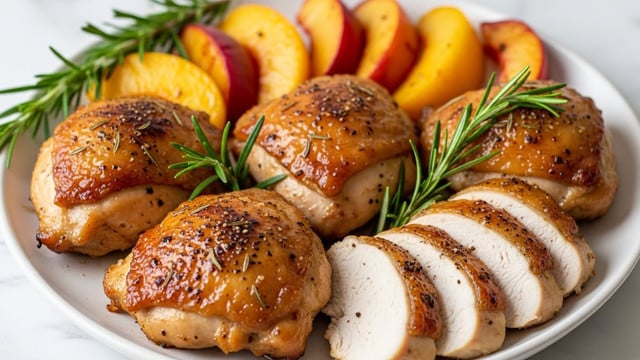 The image shows a white plate filled with five thick pieces of roasted chicken with golden brown, crispy skin, glazed with a shiny sauce and sprinkled with black pepper and herbs. The chicken pieces are arranged in the front and middle of the plate, with some sliced to show the juicy white meat inside. Behind the chicken are several slices of roasted yellow and pink peaches with a soft, caramelized look. Fresh green rosemary sprigs are placed around and on top of the chicken and peaches, adding a vibrant touch. The plate sits on a white marbled surface. Photo taken with an iphone --ar 4:5 --v 7