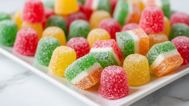 The image shows colorful gummy candies arranged on a white square plate placed on a white marbled surface. There are multiple gummy candies, each shaped like a small rounded square with a smooth and slightly translucent texture. The candies come in various colors including green, red, orange, yellow, and light blue. Each candy is covered with a layer of sparkling sugar crystals, giving them a glistening effect. The candies are placed unevenly but close to each other, filling the plate nearly entirely. The photo is taken close-up, capturing the sugary texture and vibrant colors of the gummies in soft, natural light. photo taken with an iphone --ar 4:5 --v 7