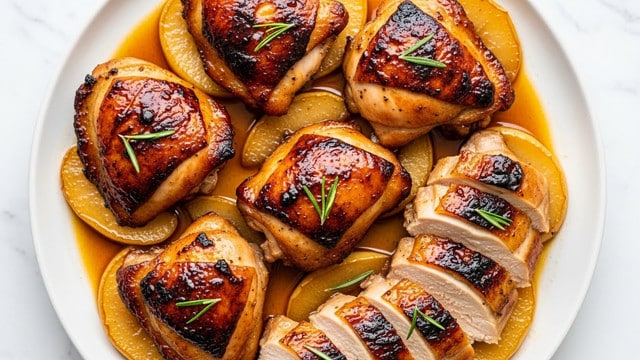 A white plate filled with seven pieces of glazed roasted chicken, some whole and some sliced, showing tender light pinkish meat inside with a shiny dark brown, slightly charred crust on the outside. The chicken sits on golden-brown cooked apple slices and a pool of rich, glossy brown sauce, with a few sprigs of fresh green rosemary placed on top for garnish. The background is a soft white marbled texture. photo taken with an iphone --ar 4:5 --v 7