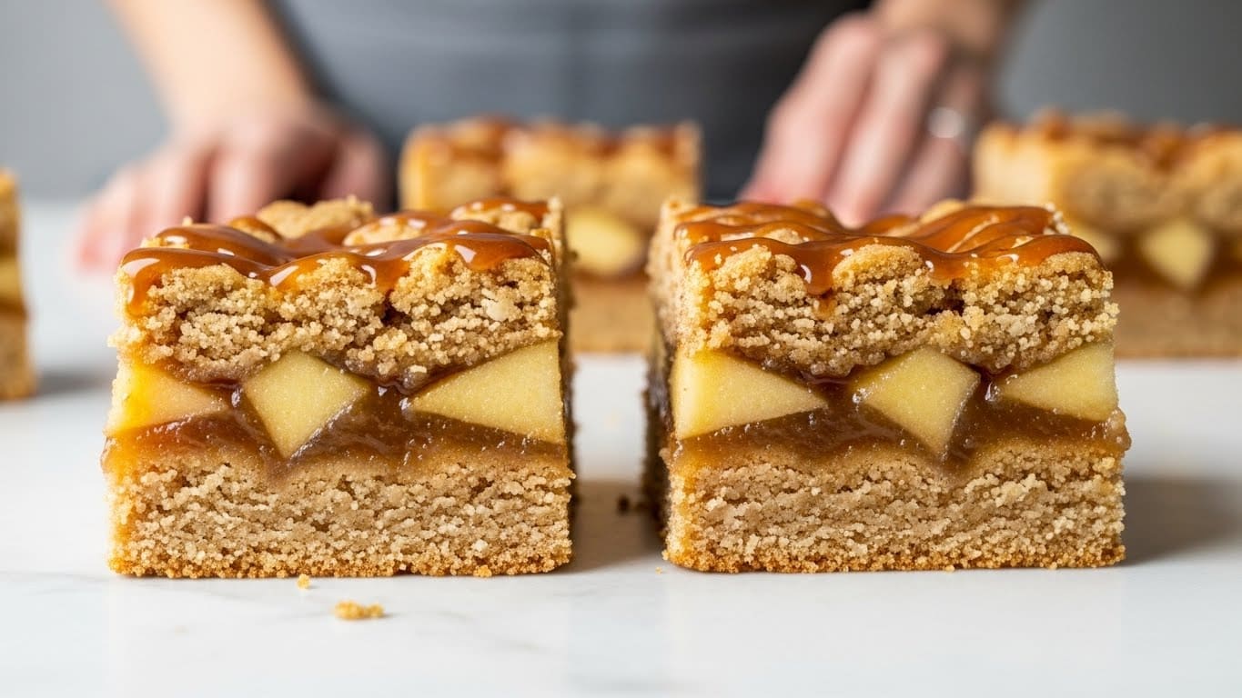 Two square pieces of dessert are stacked on a white marbled surface, each with three visible layers: a crumbly light brown base, a middle layer of soft apple chunks inside a translucent syrupy filling, and a crumbly, slightly uneven golden-brown top layer drizzled with a shiny caramel glaze. The texture of the top and bottom layers looks crumbly and slightly crunchy, while the middle layer appears moist and soft with fruit pieces visible. A woman's hand is blurred in the background. Photo taken with an iphone --ar 4:5 --v 7