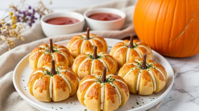A white round plate holds six small pumpkin-shaped baked cheese breads, each with a golden brown, slightly crispy top and white cheese lines creating pumpkin ridges, topped with small brown stems to look like mini pumpkins, sprinkled lightly with green herbs. Behind the breads, two white bowls filled with red dipping sauce sit on a soft beige cloth that covers part of a white marbled surface. To the right, a large bright orange pumpkin adds color, while some dry flowers and herbs decorate the left side, creating a warm, autumn feel. photo taken with an iphone --ar 4:5 --v 7