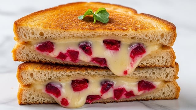 A close-up of a grilled cheese sandwich cut into two halves stacked on top of each other, with three visible layers: the top and bottom layers are toasted bread with a golden brown, crisp texture, and the middle layer is melted cheese mixed with small pieces of bright red fruit, possibly cranberry, oozing slightly out from between the bread slices, garnished with a small sprig of green herb on top, all placed on a surface with a white marbled texture. photo taken with an iphone --ar 4:5 --v 7
