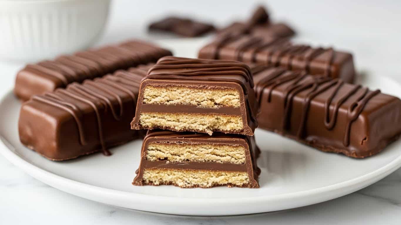 The image shows several rectangular chocolate bars with a smooth dark brown coating and darker chocolate drizzles on top. Two bars are cut in half and stacked on top, revealing three beige-colored, crumbly cookie-like layers separated by thin smooth chocolate layers, showing a clear contrast between the crunchy inside and the glossy chocolate outside. The bars are placed on a white plate, set on a white marbled surface, with a blurred white bowl with chocolate pieces in the background. photo taken with an iphone --ar 4:5 --v 7