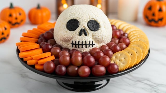 A large round cheese ball shaped and decorated like a white skull with black eyes, nose, and stitched mouth sits in the center of a black pedestal plate. Around the cheese skull are neatly arranged layers of orange carrot slices on the left, red grapes in the middle, and beige round crackers on the right, creating a colorful and textured ring. The black plate and food are placed on a white marbled countertop with Halloween decorations including small orange pumpkins and candles softly glowing in the blurred background. photo taken with an iphone --ar 4:5 --v 7