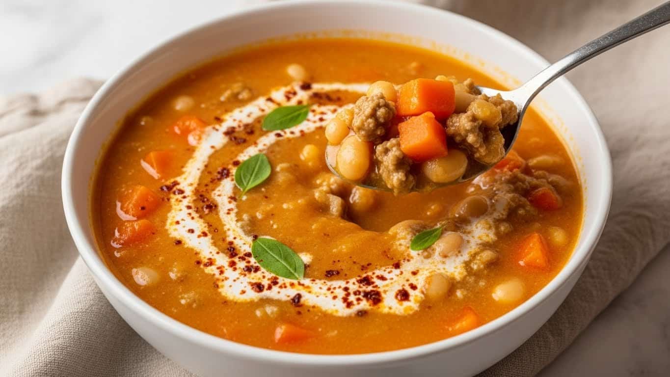 A white bowl filled with thick orange soup, containing visible pieces of ground meat, white beans, and small orange carrot cubes. The soup's surface has a swirl of cream with sprinkled red spices and small green herb leaves on top. A spoon is lifting a scoop of soup showing the chunky ingredients clearly. The bowl is placed on a wrinkled beige cloth over a white marbled surface. photo taken with an iphone --ar 4:5 --v 7