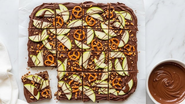 The image shows a stack of three chocolate bark pieces placed on a piece of white parchment paper over a white marbled surface. Each piece has a thick, dark brown chocolate base layer topped with small clusters of light brown pretzels and bright green apple chunks with pale flesh. The top layer has thin, dark chocolate drizzle lines artistically spread over the apples and pretzels, adding texture and shine. In the background, a white bowl with a light brown creamy dip and a halved green apple are slightly out of focus. The photo captures the textures vividly, from the smooth chocolate to the crisp apple and crunchy pretzels. Photo taken with an iphone --ar 4:5 --v 7