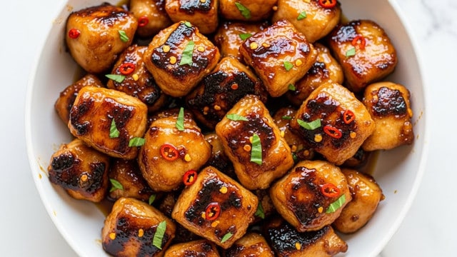 A white bowl filled with glossy, golden-brown chicken pieces that have a slightly charred texture on some edges, covered in a shiny, sticky sauce. The chicken is cut into bite-sized chunks, each piece showing a mix of smooth, glazed surfaces and darker, caramelized spots. The dish is garnished with small green herb pieces scattered evenly across the chicken, adding hints of bright green to the warm colors. Tiny red chili flakes are visible in the sauce and on the chicken, giving a speckled look. The bowl sits on a white marbled surface. photo taken with an iphone --ar 4:5 --v 7