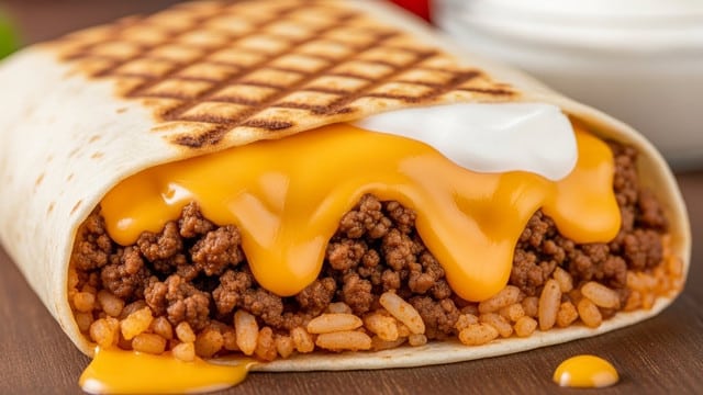 A close-up of a folded burrito with a toasted, golden-brown tortilla on the outside, showing a grilled texture pressed on top. Inside, layers of seasoned cooked ground beef mixed with rice form the bottom layer, followed by a rich layer of melted bright orange cheese dripping over the meat and rice. There is a small amount of white sour cream tucked inside near the melted cheese. The burrito rests on a dark brown wooden surface with slight drips of melted cheese around it, and a blurred bowl of white sour cream in the background. photo taken with an iphone --ar 4:5 --v 7