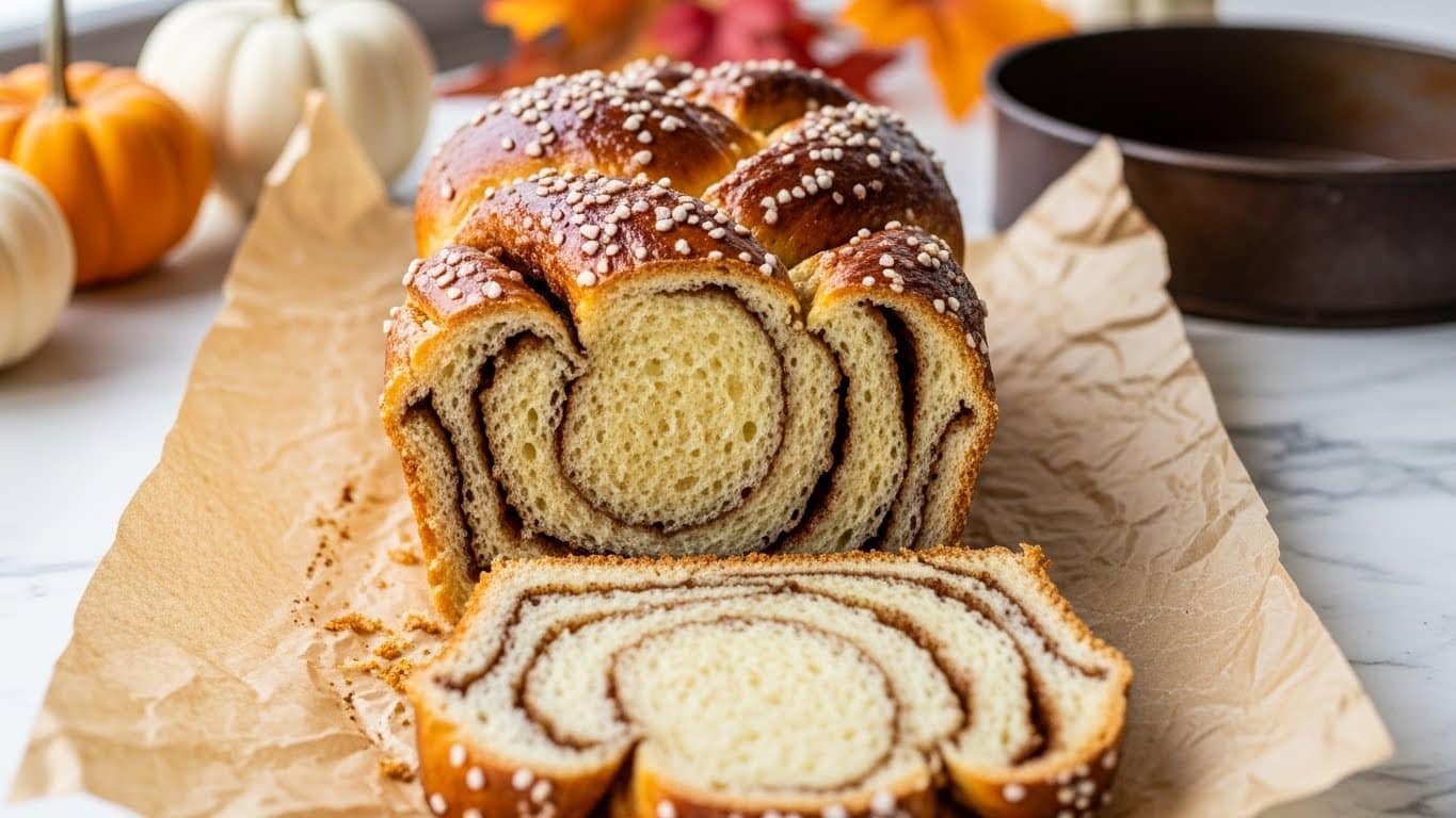 A loaf of cinnamon swirl bread sits on crumpled brown parchment paper on a white marbled surface. The bread has a golden brown crust with a soft, light yellow inside. One thick slice is cut and placed slightly in front of the loaf, showing multiple swirled layers of cinnamon filling inside. The top crust is shiny with some coarse sugar crystals. In the background, there are small white and orange pumpkins, a rusty round baking pan, and autumn leaves blurred near a window. photo taken with an iphone --ar 4:5 --v 7