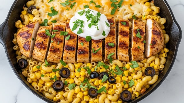 The dish shows a cast iron skillet filled with three main layers. The bottom layer is yellow macaroni pasta mixed with black olives and corn kernels, creating a colorful base with a soft texture. The middle layer includes golden-brown grilled chicken pieces spread evenly, showing a crispy and slightly charred surface. On top, there is a melted cheese layer mixed with the chicken and pasta, melting and blending the textures. In the very center, a dollop of white sour cream sits, sprinkled with fresh green chopped parsley that is also scattered over the entire dish, adding a fresh contrast of color. The skillet sits on a white marbled surface. photo taken with an iphone --ar 4:5 --v 7