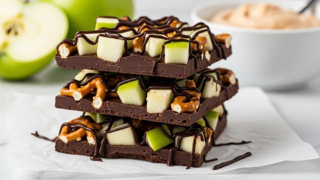 The image shows a large square chocolate bark cut into 16 uneven square pieces, laid on white parchment paper over a white marbled surface. The bark has a thick, smooth dark brown chocolate base, topped with crunchy pretzel pieces and bright green apple slices spread evenly. The green apple slices vary in size and are scattered across the bark, adding fresh color and texture. There are thin drizzles of darker chocolate on top of the apples and pretzels. To the bottom right, there is a white bowl filled with melted milk chocolate, and near the bottom left corner, one piece of the bark is slightly separated from the main block, resting on the parchment paper. A white cloth is softly placed on the left edge. Photo taken with an iphone --ar 4:5 --v 7