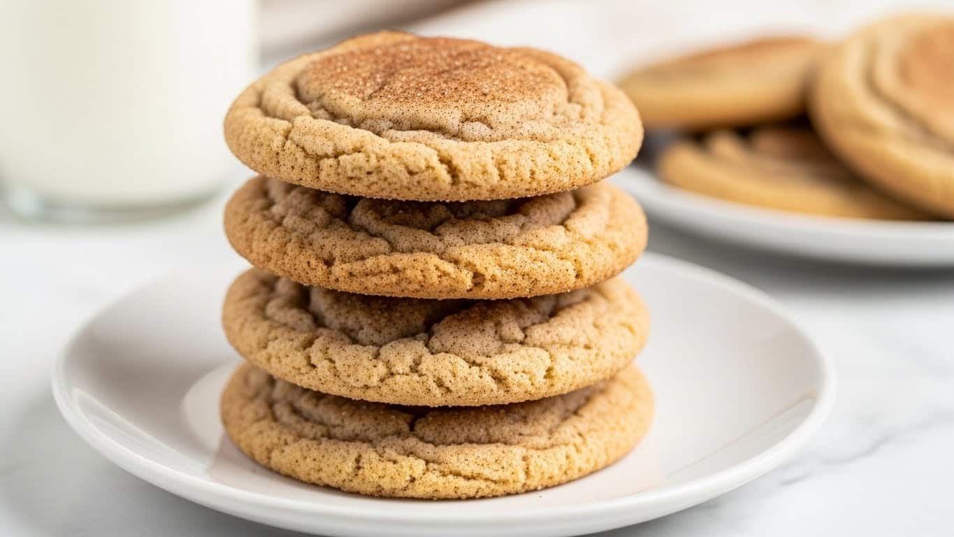 A white plate holds a stack of three soft, round cookies, each covered in a golden-brown cinnamon sugar coating that gives a slightly grainy texture. The top cookie shows gentle cracks and wrinkles on its surface, highlighting its chewy texture. The cookies are placed on a white marbled textured surface that softly blurs into the background, where a glass of milk is partially visible. Photo taken with an iphone --ar 4:5 --v 7