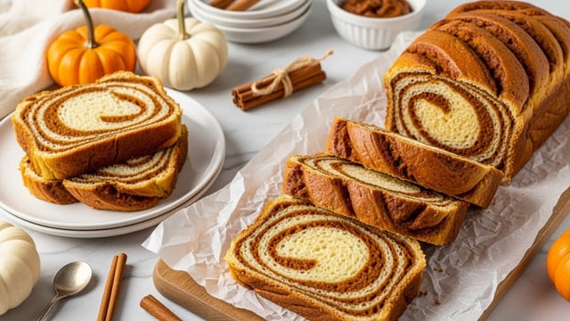 The image shows pumpkin spice swirl bread with one whole loaf and five thick slices arranged on crinkled white parchment paper over a wooden board on a white marbled surface. Each slice features two main layers: a soft, light golden-brown bread layer with a smooth texture and a dark orange-brown pumpkin spice swirl that spirals tightly from the edges to the center, creating a clear contrast. To the left, two slices are stacked on a white plate, while white and orange small pumpkins, along with cinnamon sticks, are scattered around, adding warm, autumnal colors and textures to the scene. Various small kitchen utensils and a bowl with a dip are partially visible in the frame photo taken with an iphone --ar 4:5 --v 7