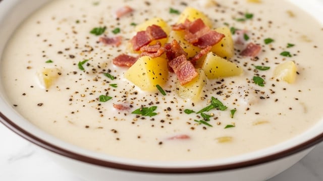 A close-up view of creamy white chowder served in a white bowl with a dark brown rim, featuring small yellow chunks of potato and faint bits of pinkish bacon scattered on the top layer amid the creamy soup. The surface of the chowder is sprinkled lightly with black pepper and chopped green herbs, adding small dots of dark and bright green color. The soup looks thick and smooth with soft textures, sitting on a white marbled surface. photo taken with an iphone --ar 4:5 --v 7