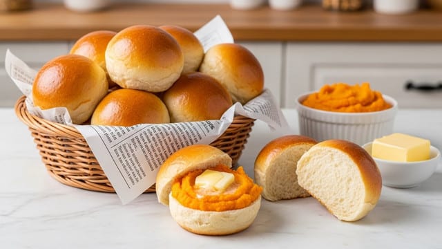 A wicker basket filled with soft, golden-brown bread rolls sits on a white marbled surface. Most rolls are whole, showing smooth, shiny tops, while a few are cut open to reveal fluffy white insides. One roll is open and topped with a swirl of bright orange mashed sweet potato and a pat of creamy butter melting on top. The basket is lined with white paper that has black text printed on it. Nearby, there is a small white bowl filled with orange mashed sweet potato and another bowl with yellow butter. The background features a warmly lit kitchen with blurred cupboards and wooden countertops. Photo taken with an iphone --ar 4:5 --v 7