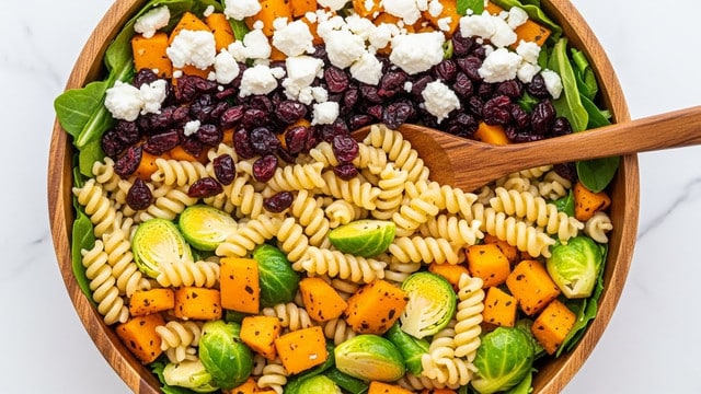 A wooden bowl filled with a colorful pasta salad that has three main layers: the bottom layer of light tan spiral rotini pasta, mixed evenly with small green Brussels sprout leaves, and chunks of orange butternut squash cubes; the middle layer shows hints of small dark red dried cranberries scattered throughout; the top layer is dotted with white crumbled goat cheese pieces. The salad is vibrant with soft textures from the pasta and squash, mixed with leafy greens and creamy cheese, all sitting nicely in a natural wooden bowl. A wooden spoon rests inside the bowl on a white marbled surface. photo taken with an iphone --ar 4:5 --v 7
