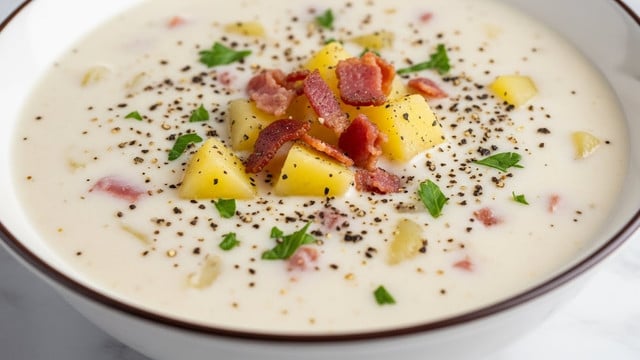 A white bowl filled with creamy soup showing many small, bright yellow corn pieces floating evenly on top, mixed with small bits of red and green herbs sprinkled across the surface, giving a fresh and speckled look. The soup has a smooth and thick texture with a slightly shiny cream color background, while the bowl rests on a white cloth over a white marbled surface. Photo taken with an iphone --ar 4:5 --v 7
