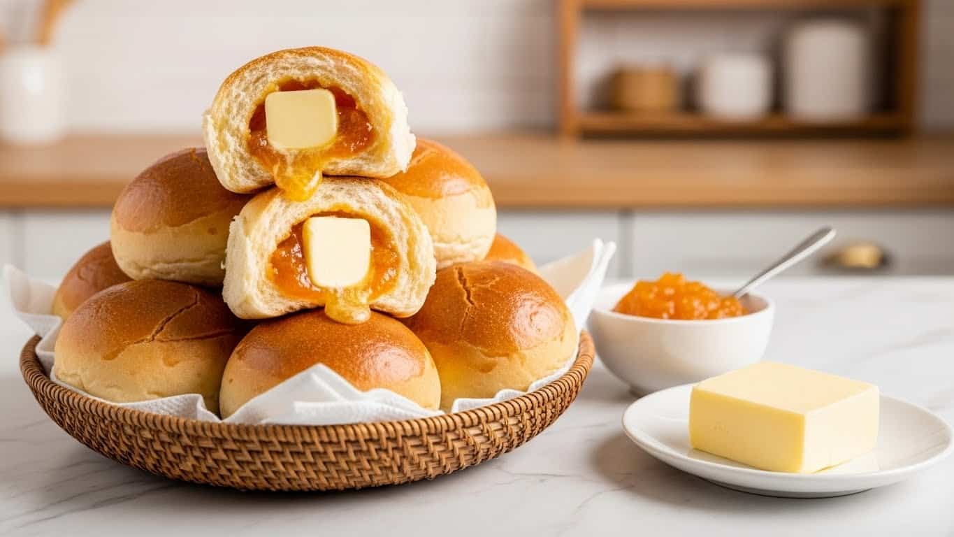 A woven basket filled with soft, golden brown buns sits on a white marbled surface. One bun is torn open and placed on top of the others, showing an orange filling with a square of melting butter inside. The buns have a smooth shiny texture, some with a slight crack on top. Next to the basket is a small white bowl with more orange filling and a small white plate with a slab of butter. The background shows a warm kitchen with wooden shelves and soft lighting. Photo taken with an iphone --ar 4:5 --v 7