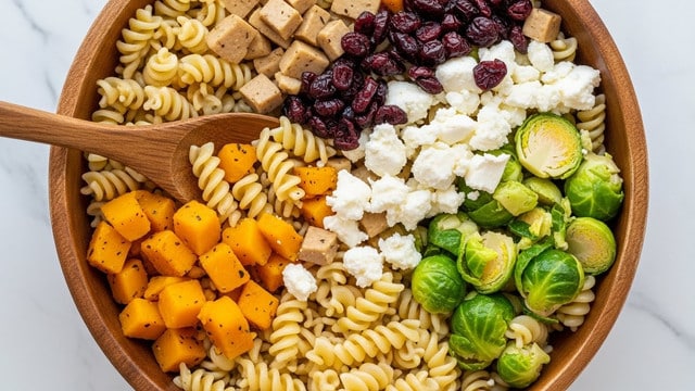 A wooden bowl filled with a pasta salad that has about four visible layers: the bottom layer is light brown rotini pasta, followed by scattered chunks of orange butternut squash, pieces of green Brussels sprouts leaves, and small cubes of a tan vegetable or fruit. On top, there are scattered dollops of white cheese and a few dark red dried cranberries. A wooden spoon is partially visible on the left side of the bowl. The whole scene is set on a white marbled surface. photo taken with an iphone --ar 4:5 --v 7